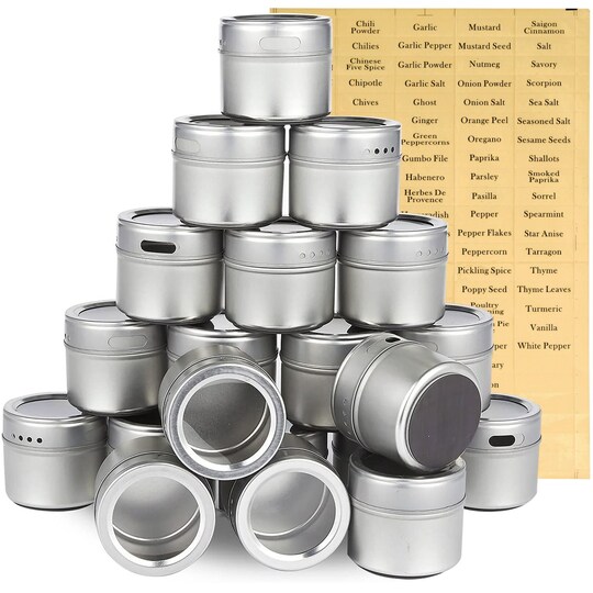 20 Pack Magnetic Spice Containers for Refrigerator with 94 Labeling Stickers, Seasoning Jars with Clear Sift and Pour Top Lids (3.4 oz)